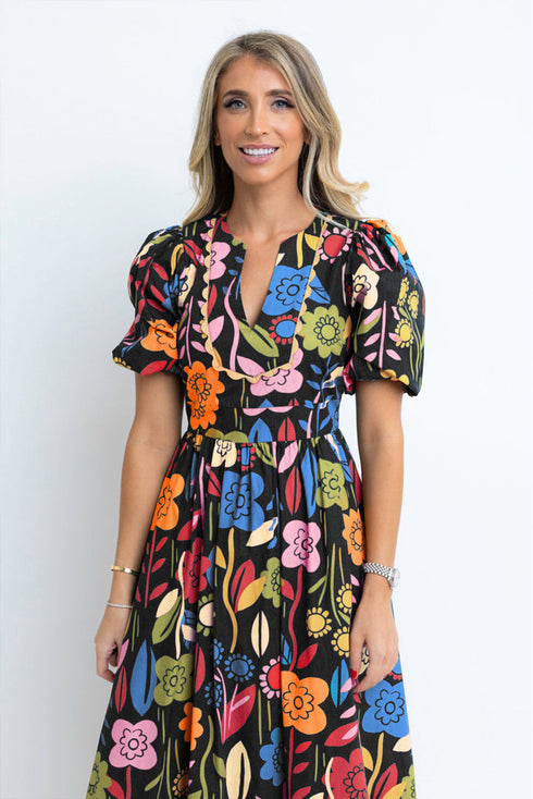 Retro Floral Printed Split Neck Maxi Dress